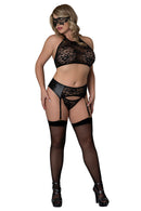 SINFUL HALTER BRA, GARTER, PANTY & MASK SET BLACK Q/S