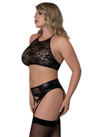 SINFUL HALTER BRA, GARTER, PANTY & MASK SET BLACK Q/S